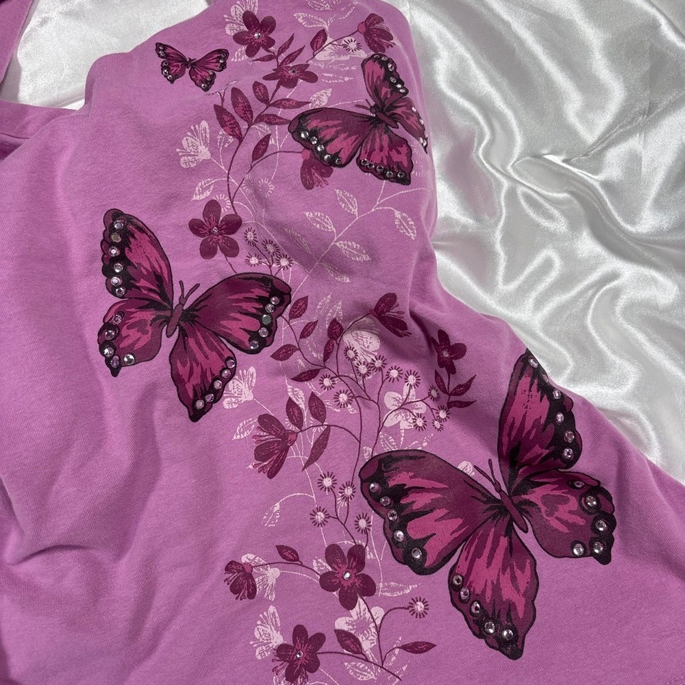 y2k Halter Top Purple Excellent Bongo Butterfly Rhinestone Graphic Tank Large - Picture 2 of 5